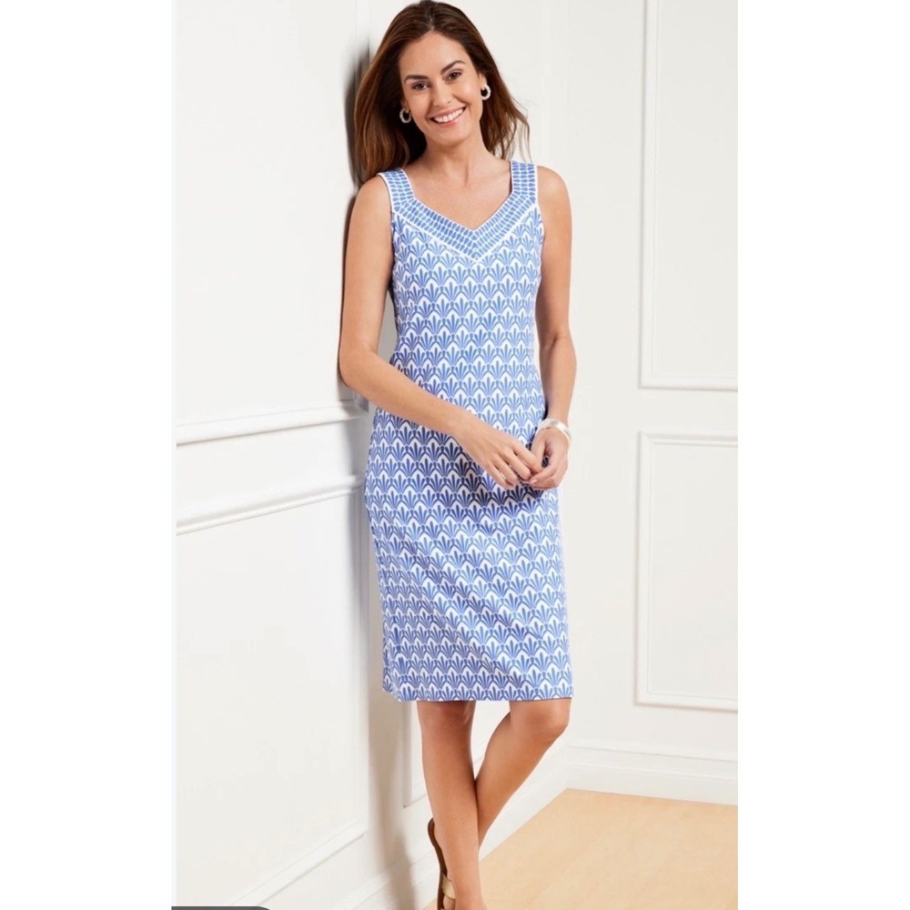 Talbots Plus Effortless Jersey A-Line Dress 2X Blue White Linear Fans Sleeveless